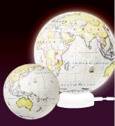 A 3D jigsaw puzzle featuring a globe design, with two illuminated globes in different sizes displayed. The larger globe is brightly lit, showcasing detailed geographical features, while the smaller globe sits on a white base. Ideal for puzzle enthusiasts and educational purposes.
