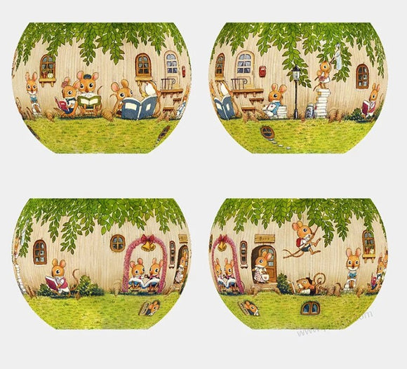 A colorful 3D jigsaw puzzle of a flower pot featuring playful mice engaged in reading and various activities. The puzzle showcases charming outdoor scenes with greenery, whimsical designs, and intricate details that bring the flower pot to life.