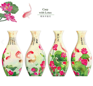 A beautifully designed 3D jigsaw puzzle vase featuring vibrant illustrations of koi carp and lotus flowers. The vase has four distinct designs, showcasing intricate details and colorful imagery that evoke a sense of elegance and tranquility. Ideal for puzzle enthusiasts and home decor lovers.