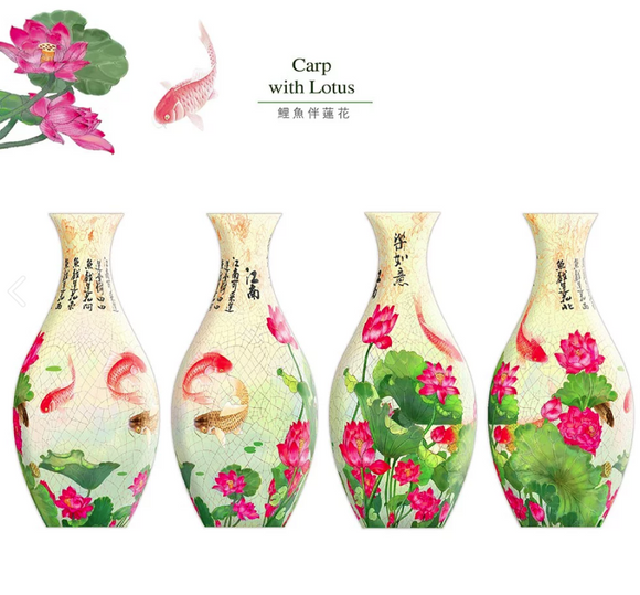 A beautifully designed 3D jigsaw puzzle vase featuring vibrant illustrations of koi carp and lotus flowers. The vase has four distinct designs, showcasing intricate details and colorful imagery that evoke a sense of elegance and tranquility. Ideal for puzzle enthusiasts and home decor lovers.