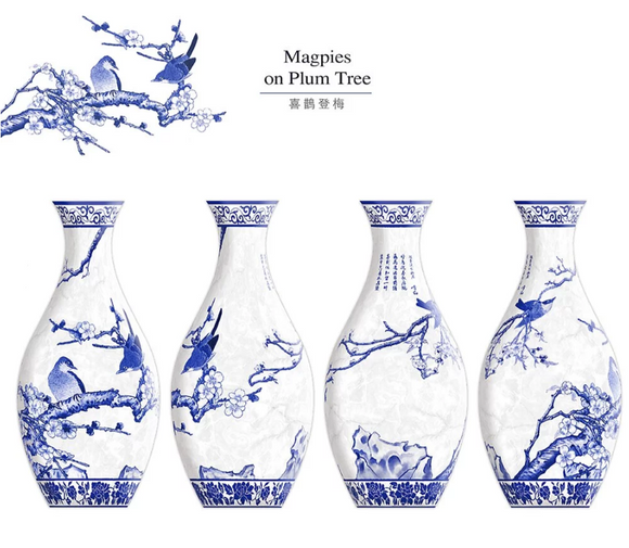 A beautifully designed 3D jigsaw puzzle vase featuring magpies perched on branches of a plum tree. The vase is adorned with intricate blue and white patterns, showcasing delicate plum blossoms and graceful bird illustrations. This unique piece is perfect for puzzle enthusiasts and adds an artistic touch to any collection.