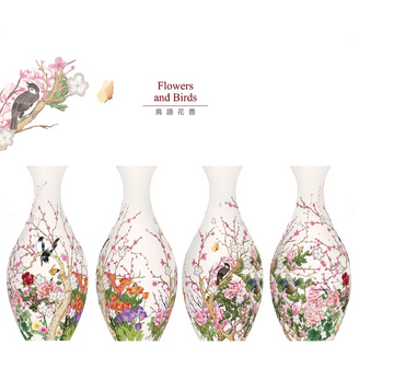 A vibrant 3D jigsaw puzzle vase featuring intricate illustrations of flowers and birds. The design showcases a collection of beautifully detailed vases with colorful floral arrangements and serene bird motifs, suitable for puzzle enthusiasts and nature lovers alike.