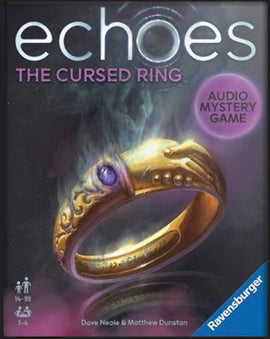 The game 'Echoes: The Cursed Ring' by Ravensburger features a mystical ring with a purple gem, emitting a smoky aura. The game box highlights it as an audio mystery game, suitable for 1-4 players aged 14 and up. It is designed for mystery enthusiasts and includes intriguing artwork.