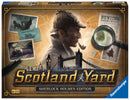 Scotland Yard: Sherlock Holmes Edition board game by Ravensburger. The cover features an illustration of Sherlock Holmes with his iconic hat and pipe, set against a detailed map background. Various detective items like a magnifying glass, fingerprint, and photographs reference the game theme.