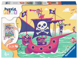 Ravensburger Puzzle & Play: Land in Sight jigsaw puzzle featuring a vibrant pirate ship scene. The puzzle comes with two 24-piece sets, depicting pirates, a treasure chest, and fun ocean elements. Suitable for ages 4 and up, this engaging puzzle promotes learning through play.
