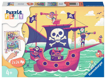 Ravensburger Puzzle & Play: Land in Sight jigsaw puzzle featuring a vibrant pirate ship scene. The puzzle comes with two 24-piece sets, depicting pirates, a treasure chest, and fun ocean elements. Suitable for ages 4 and up, this engaging puzzle promotes learning through play.