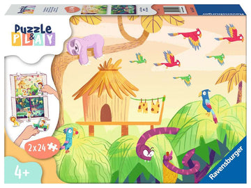 Puzzle & Play: Jungle Exploration jigsaw puzzle by Ravensburger featuring an illustrated jungle scene with colorful birds, a sloth, and a thatched hut. This set includes two 24-piece puzzles for children aged 4 and up, promoting creativity and problem-solving skills.