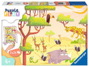 The Puzzle & Play: Safari Time 2x2 jigsaw puzzle features vibrant illustrations of safari animals including a leopard, rhino, and various birds in a sunny, tree-filled landscape, designed for children aged 4 and up. The box showcases an interactive design with two 24-piece puzzles.