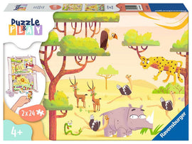 The Puzzle & Play: Safari Time 2x2 jigsaw puzzle features vibrant illustrations of safari animals including a leopard, rhino, and various birds in a sunny, tree-filled landscape, designed for children aged 4 and up. The box showcases an interactive design with two 24-piece puzzles.