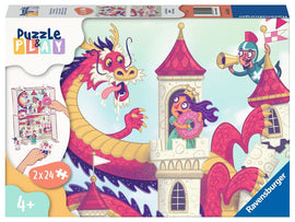 Colorful jigsaw puzzle featuring a whimsical scene with a dragon, a princess holding a donut, and a castle. The vibrant artwork is designed for children aged 4 and up, showcasing playful characters and lively colors. The puzzle comes in two 24-piece sets, encouraging creative play and problem-solving skills.