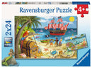 The packaging for the 'Pirates & Mermaids' jigsaw puzzle from Ravensburger, featuring colorful illustrations of pirates, a treasure chest, a mermaid, and a ship with red and white sails against a tropical backdrop.