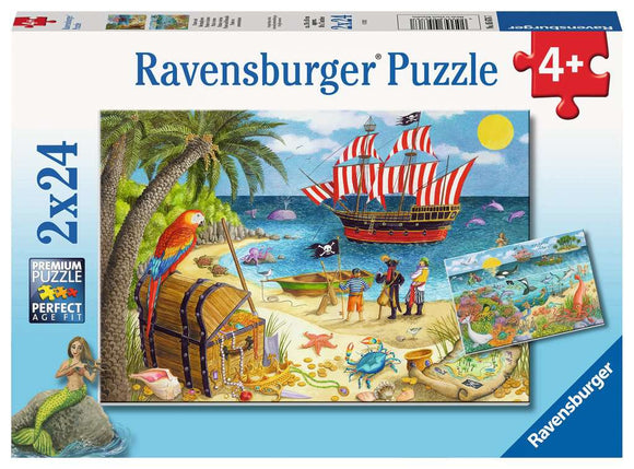 The packaging for the 'Pirates & Mermaids' jigsaw puzzle from Ravensburger, featuring colorful illustrations of pirates, a treasure chest, a mermaid, and a ship with red and white sails against a tropical backdrop.
