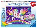 Ravensburger jigsaw puzzle featuring a vibrant illustration of a unicorn with colorful wings, surrounded by stars, planets, and a rainbow. The box contains two puzzles, each with 24 pieces, suitable for ages 4 and up. Includes a secondary image of a simpler unicorn scene.