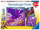 Ravensburger Mythical Majesty jigsaw puzzle set with three 49-piece puzzles featuring colorful illustrations of mystical creatures, including a purple winged unicorn, playful animals, and vibrant landscapes. Perfect for ages 5 and up.