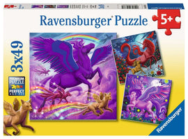 Ravensburger Mythical Majesty jigsaw puzzle set with three 49-piece puzzles featuring colorful illustrations of mystical creatures, including a purple winged unicorn, playful animals, and vibrant landscapes. Perfect for ages 5 and up.