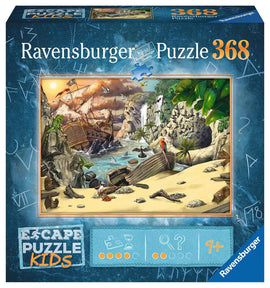 The box of the Pirate's Peril Kids Escape Puzzle by Ravensburger, featuring a colorful jigsaw puzzle image of a pirate shipwreck on a tropical beach, complete with palm trees, rocks, and a waterfall. The scene is vibrant and engaging for children aged 9 and up.