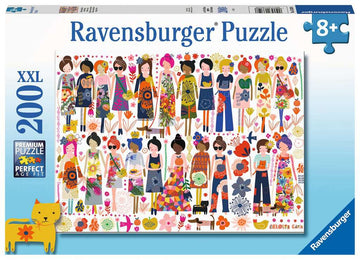 Ravensburger jigsaw puzzle titled 'Flowers & Friends,' featuring vibrant illustrations of various women dressed in floral patterns, surrounded by colorful flowers and whimsical designs. Suitable for ages 8 and up, this 200-piece puzzle offers a premium quality experience, perfect for family fun and creativity.