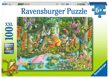 Ravensburger 100-piece jigsaw puzzle featuring a vibrant rainforest scene with various animals playing instruments near a river. The puzzle includes a leopard, bear, bird, and other wildlife surrounded by colorful flowers and lush greenery, ideal for ages 6 and up.