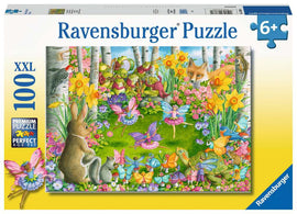 Fairy Ballet 100-piece jigsaw puzzle by Ravensburger featuring a vibrant and enchanting scene filled with fairies, animals like rabbits and foxes, and blooming flowers. This playful illustration captivates the imagination, perfect for puzzle enthusiasts aged 6 and up.