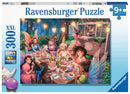 A captivating 300-piece jigsaw puzzle titled 'Enchanting Brew' by Ravensburger, depicting a whimsical garden tea party with fairies and magical elements. Various characters are enjoying cakes and drinks amid lush greenery and glowing lanterns.