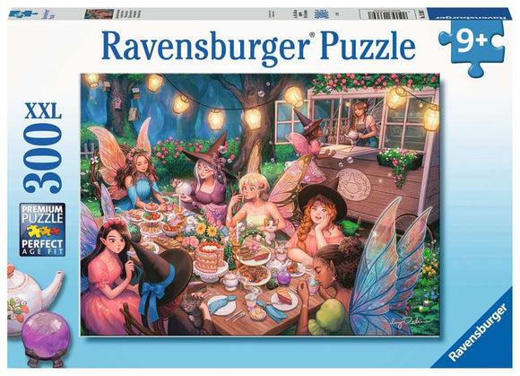 A captivating 300-piece jigsaw puzzle titled 'Enchanting Brew' by Ravensburger, depicting a whimsical garden tea party with fairies and magical elements. Various characters are enjoying cakes and drinks amid lush greenery and glowing lanterns.