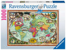 Ravensburger jigsaw puzzle titled 'Bicycle Ride Around the World' featuring a colorful map of the world with historical cycling images and illustrations. The puzzle consists of 1000 pieces and showcases various modes of cycling across diverse landscapes.