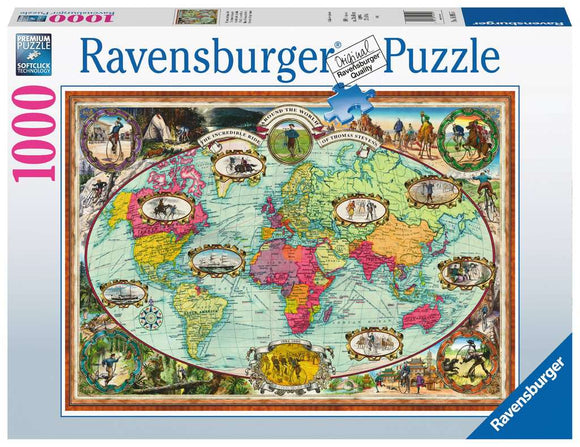 Ravensburger jigsaw puzzle titled 'Bicycle Ride Around the World' featuring a colorful map of the world with historical cycling images and illustrations. The puzzle consists of 1000 pieces and showcases various modes of cycling across diverse landscapes.