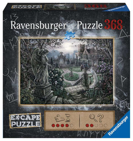 The Midnight in the Garden Escape Jigsaw Puzzle by Ravensburger displayed in its box, featuring a serene garden scene with an angel statue, a whimsical labyrinth, and a hauntingly beautiful mansion in the background. The puzzle is designed for an engaging escape-room experience, complete with themed illustrations that challenge the puzzle solver.