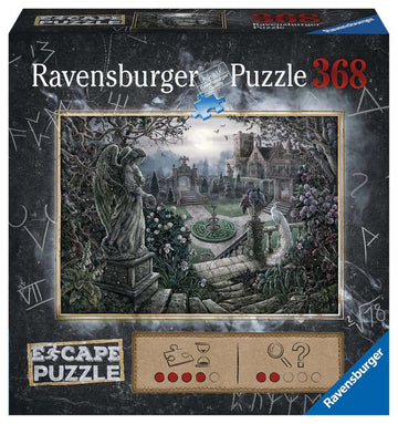 The Midnight in the Garden Escape Jigsaw Puzzle by Ravensburger displayed in its box, featuring a serene garden scene with an angel statue, a whimsical labyrinth, and a hauntingly beautiful mansion in the background. The puzzle is designed for an engaging escape-room experience, complete with themed illustrations that challenge the puzzle solver.