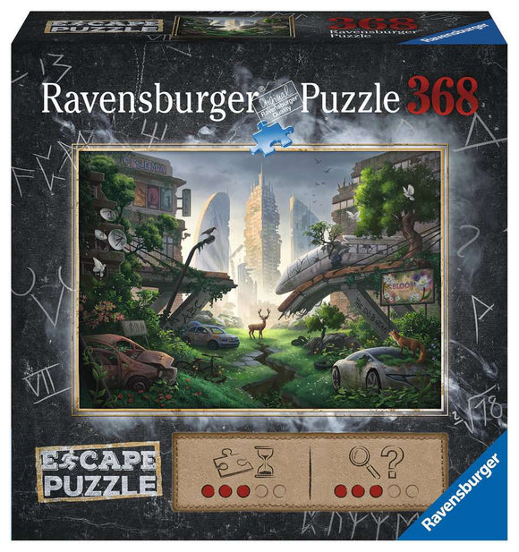 The Desolated City Escape Puzzle by Ravensburger features a post-apocalyptic landscape depicting a derelict city with overgrown vegetation, abandoned cars, and a serene deer, evoking a sense of exploration and mystery.