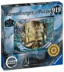 Escape the Circle: Paris jigsaw puzzle by Ravensburger featuring an intricate, beautifully illustrated scene of a Gothic-style interior with ornate architecture, set against a mystical background highlighting landmarks like the Eiffel Tower. The box design includes symbols and colors that enhance the escapist theme of the puzzle.