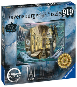 Escape the Circle: Paris jigsaw puzzle by Ravensburger featuring an intricate, beautifully illustrated scene of a Gothic-style interior with ornate architecture, set against a mystical background highlighting landmarks like the Eiffel Tower. The box design includes symbols and colors that enhance the escapist theme of the puzzle.