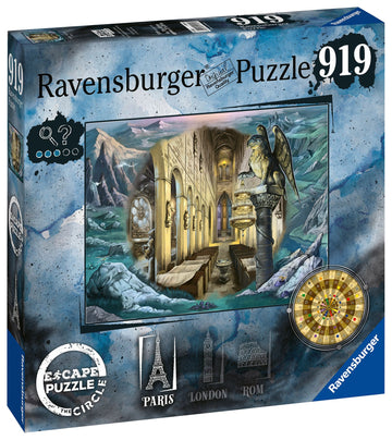 Escape the Circle: Paris jigsaw puzzle by Ravensburger featuring an intricate, beautifully illustrated scene of a Gothic-style interior with ornate architecture, set against a mystical background highlighting landmarks like the Eiffel Tower. The box design includes symbols and colors that enhance the escapist theme of the puzzle.