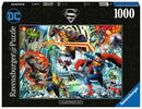DC Superman Collection jigsaw puzzle by Ravensburger featuring dynamic comic-style artwork. The puzzle depicts Superman in action against iconic villains like Lex Luthor and Brainiac, set against a vibrant cityscape filled with energy and heroism. This 1000-piece collector's edition puzzle is perfect for fans of DC Comics and puzzle enthusiasts alike.