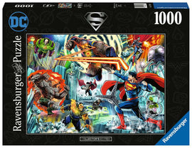 DC Superman Collection jigsaw puzzle by Ravensburger featuring dynamic comic-style artwork. The puzzle depicts Superman in action against iconic villains like Lex Luthor and Brainiac, set against a vibrant cityscape filled with energy and heroism. This 1000-piece collector's edition puzzle is perfect for fans of DC Comics and puzzle enthusiasts alike.