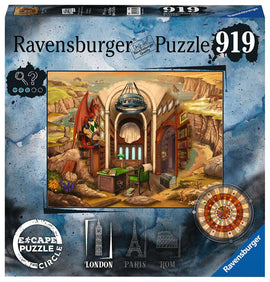 Ravensburger jigsaw puzzle titled 'Escape the Circle: London.' The box features an intricate illustration of a room with a dragon, bookshelves, and a desk. The puzzle includes iconic landmarks like Big Ben, the Eiffel Tower, and the Colosseum.