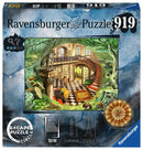 Box cover of the Ravensburger 'Escape the Circle: Rome' jigsaw puzzle, featuring a beautifully illustrated scene of an elegant staircase in a rich interior surrounded by greenery. The artwork includes a detailed floor with black and white tiles, decorative plant elements, and a statue of a wolf on a pedestal. The puzzle is part of a series that includes landmarks from Rome, London, and Paris.