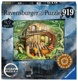 Box cover of the Ravensburger 'Escape the Circle: Rome' jigsaw puzzle, featuring a beautifully illustrated scene of an elegant staircase in a rich interior surrounded by greenery. The artwork includes a detailed floor with black and white tiles, decorative plant elements, and a statue of a wolf on a pedestal. The puzzle is part of a series that includes landmarks from Rome, London, and Paris.