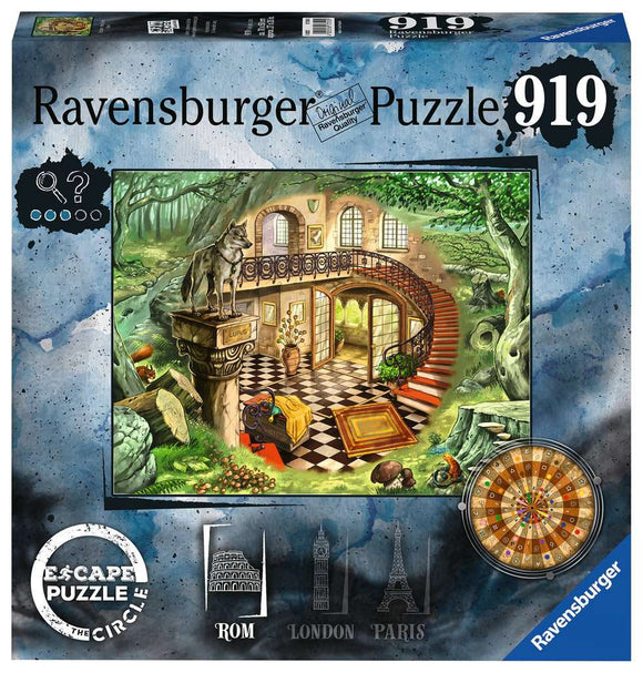 Box cover of the Ravensburger 'Escape the Circle: Rome' jigsaw puzzle, featuring a beautifully illustrated scene of an elegant staircase in a rich interior surrounded by greenery. The artwork includes a detailed floor with black and white tiles, decorative plant elements, and a statue of a wolf on a pedestal. The puzzle is part of a series that includes landmarks from Rome, London, and Paris.