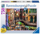 Ravensburger Venice Twilight 750-piece jigsaw puzzle featuring a picturesque canal scene in Venice, with colorful buildings, a charming bridge, and outdoor cafe tables adorned with vibrant flowers. The packaging highlights large, easy-to-handle pieces and claims premium quality with Softclick technology.