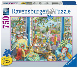 The Bird Watchers Large Piece Puzzle by Ravensburger featuring a vibrant jigsaw scene of a cozy room filled with birds, cats, books, and colorful decor. The window reveals a beautiful garden with birdhouses, flowers, and wildlife, showcasing the intricate details of nature and playful animal interactions. This puzzle offers large, easy-to-handle pieces perfect for bird lovers and puzzle enthusiasts alike.
