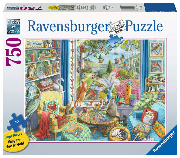 The Bird Watchers Large Piece Puzzle by Ravensburger featuring a vibrant jigsaw scene of a cozy room filled with birds, cats, books, and colorful decor. The window reveals a beautiful garden with birdhouses, flowers, and wildlife, showcasing the intricate details of nature and playful animal interactions. This puzzle offers large, easy-to-handle pieces perfect for bird lovers and puzzle enthusiasts alike.