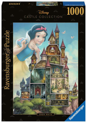 A Ravensburger 1000-piece jigsaw puzzle featuring the Disney Castle Collection, showcasing Snow White. The design highlights unique rooms and details of the castle, with Snow White playfully depicted in the foreground. The puzzle box is elegantly designed, emphasizing its high-quality graphics and intricate artwork, perfect for Disney fans and puzzle enthusiasts alike.