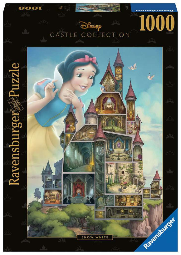 A Ravensburger 1000-piece jigsaw puzzle featuring the Disney Castle Collection, showcasing Snow White. The design highlights unique rooms and details of the castle, with Snow White playfully depicted in the foreground. The puzzle box is elegantly designed, emphasizing its high-quality graphics and intricate artwork, perfect for Disney fans and puzzle enthusiasts alike.