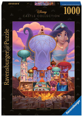 Ravensburger Disney Castles Jigsaw Puzzle featuring Princess Jasmine. The puzzle showcases intricately designed palace structures with vibrant colors and a whimsical background. Ideal for fans of Disney and puzzle enthusiasts, this 1000-piece set captures the enchanting world of Aladdin.