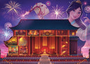 A jigsaw puzzle featuring the Disney Castle from Mulan, artistically illustrated with vibrant colors. The design showcases the castle's interior, including rooms filled with rich decorations, all set against a festive backdrop of fireworks. Mulan is depicted in the background, adding charm to the enchanting scene.