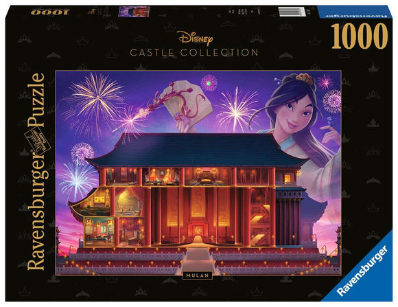 Disney Castle puzzle featuring Mulan, illustrated with vibrant fireworks in the background. The puzzle showcases a detailed view of the castle's interior, capturing the essence of the Disney character Mulan. Includes 1000 pieces.