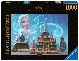 Ravensburger jigsaw puzzle featuring a colorful illustration of Disney's Elsa in front of an elaborate castle collection. The design showcases detailed architectural elements with snowflakes and magical sparkles, perfect for fans of Frozen.
