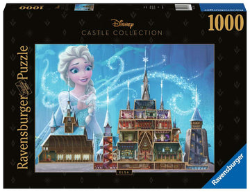 Ravensburger jigsaw puzzle featuring a colorful illustration of Disney's Elsa in front of an elaborate castle collection. The design showcases detailed architectural elements with snowflakes and magical sparkles, perfect for fans of Frozen.