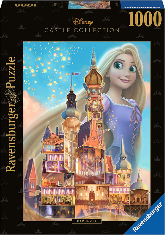 A vibrant jigsaw puzzle featuring Disney's Rapunzel inside a magnificent castle, showcasing colorful towers, magical lights, and intricate details in the artwork. Made by Ravensburger, this 1000-piece puzzle promises an enchanting experience for fans and puzzle enthusiasts alike.